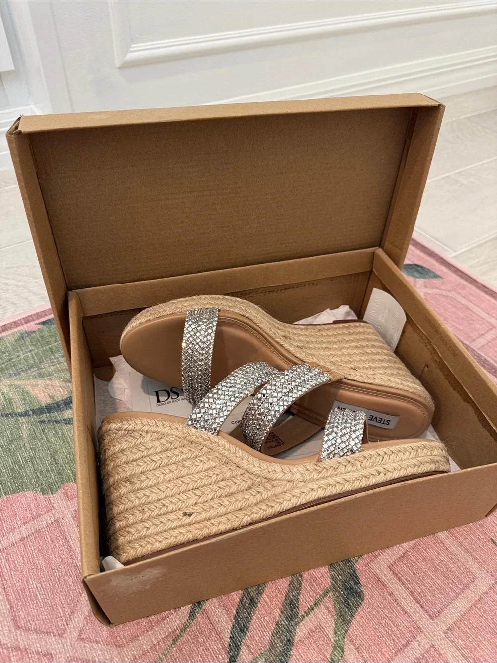 Steve Madden Tan Espadrille Wedge Sandals with Silver Rhinestone Straps 9.5